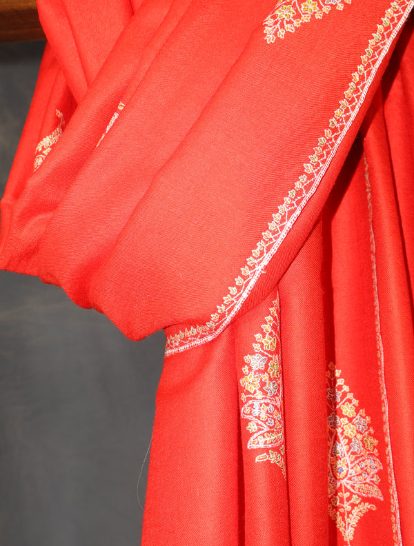 Red Boteh Motif Embroidery Cashmere Pashmina Shawl – detail view