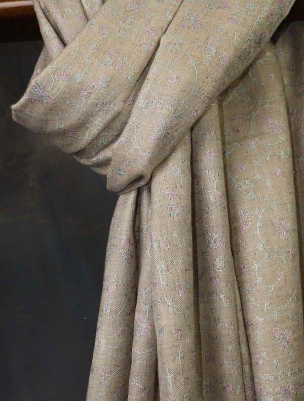 Soft Beige Base Jali Embroidery Cashmere Pashmina Shawl – detail view