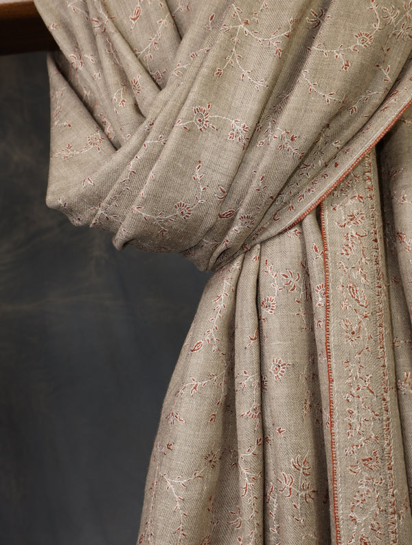 Warm Beige Base Jali Embroidery Cashmere Pashmina Shawl – detail view