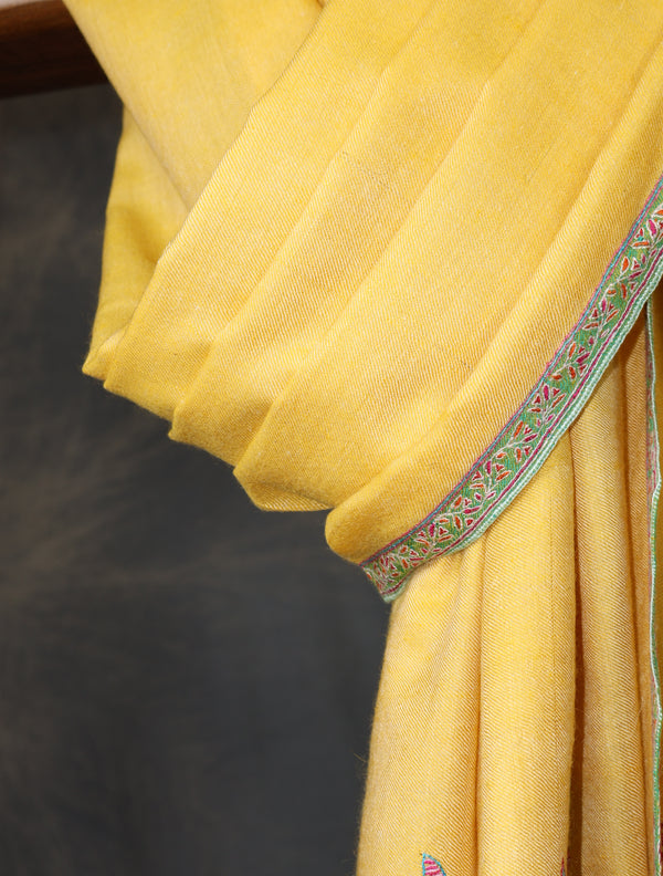 Yellow Base Big Border Embroidery Cashmere Pashmina Shawl – detail view
