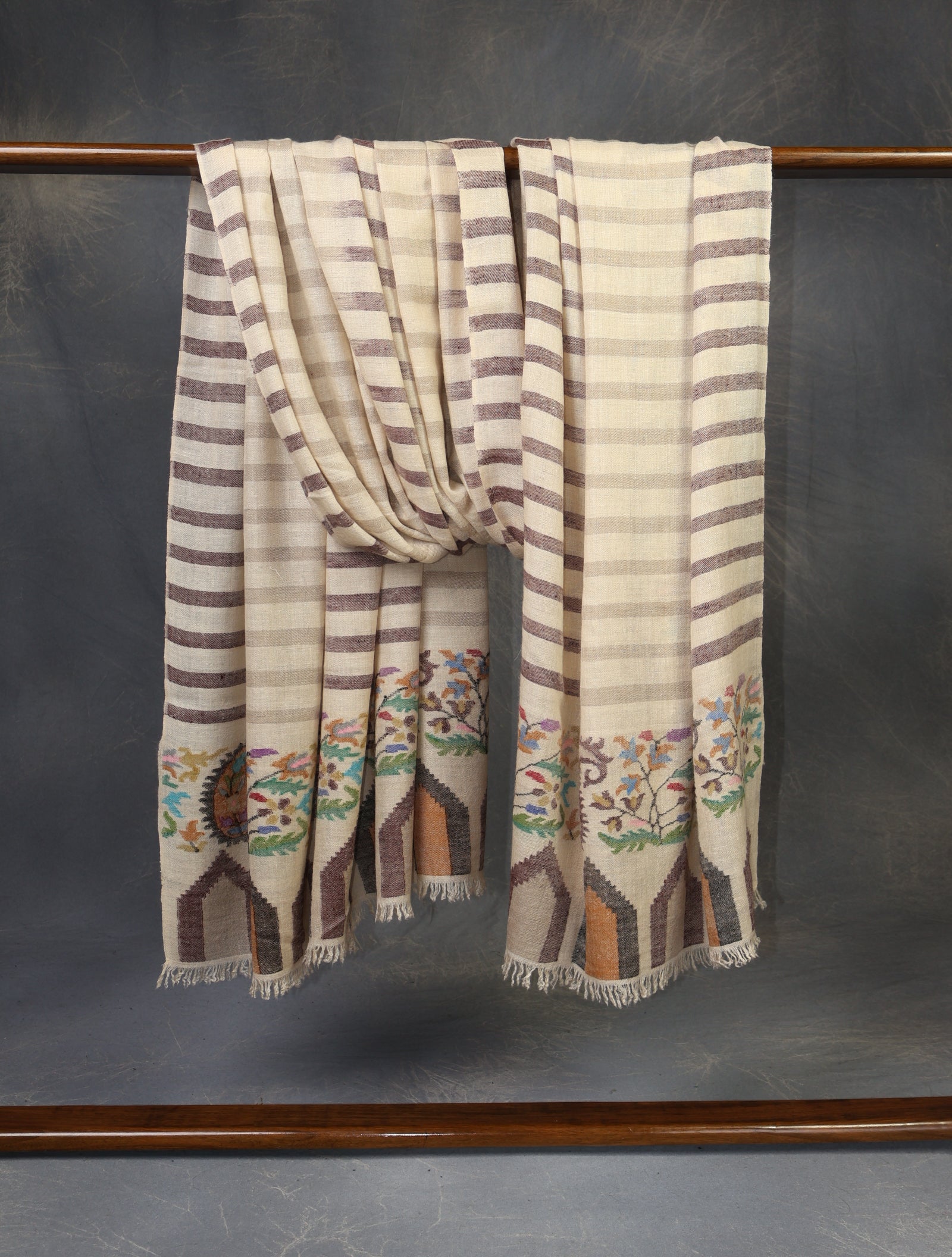3 yard Ivory Striped & Border Kani Cashmere Pashmina Shawl