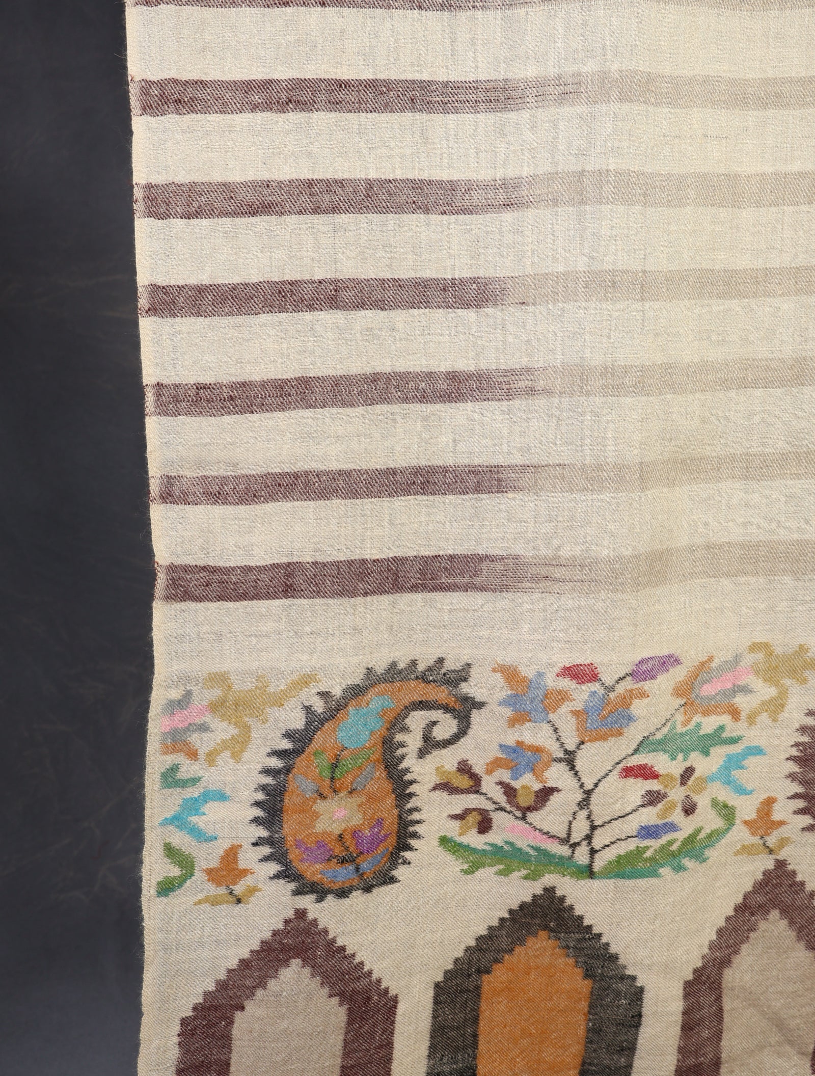 3 yard Ivory Striped & Border Kani Cashmere Pashmina Shawl