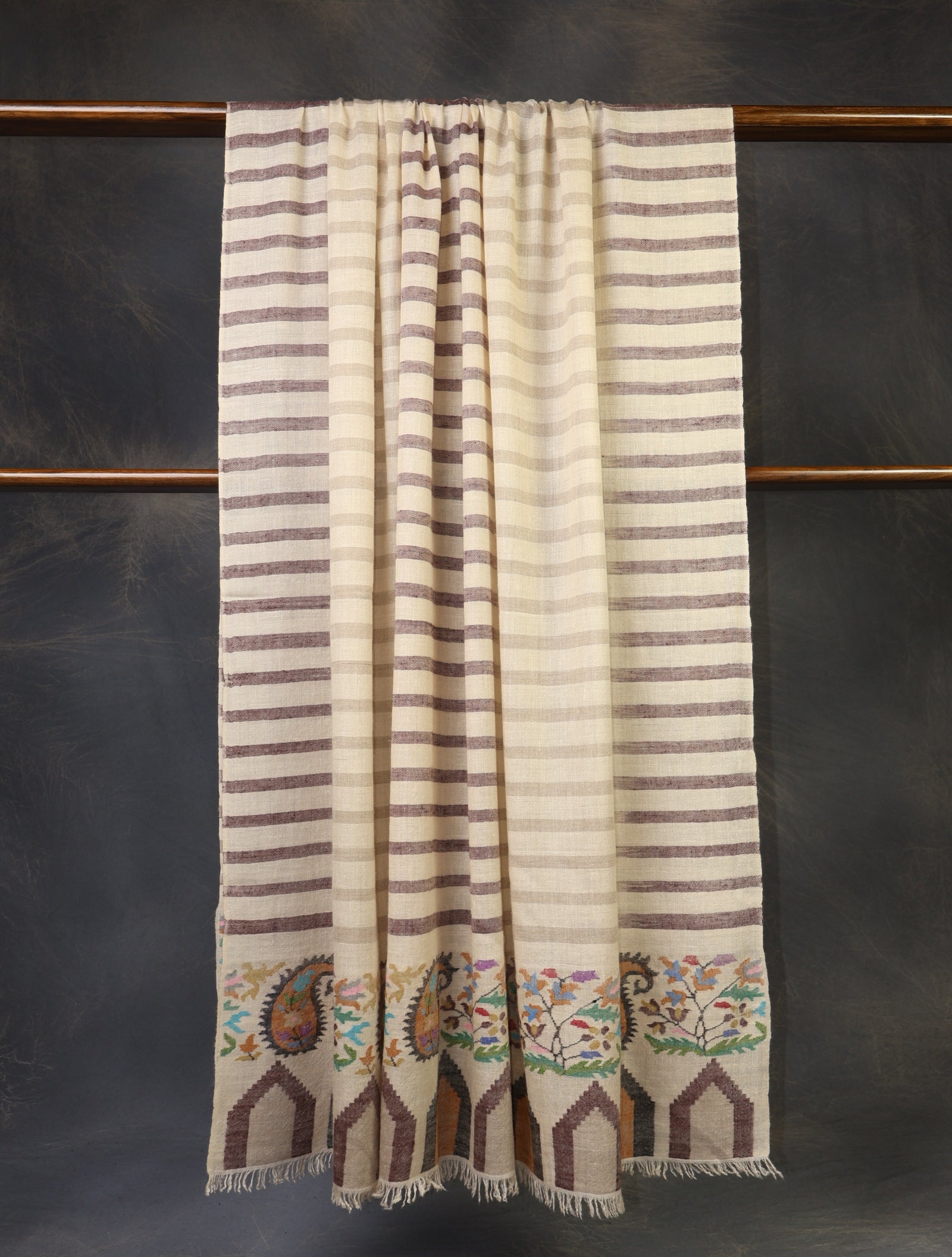 3 yard Ivory Striped & Border Kani Cashmere Pashmina Shawl