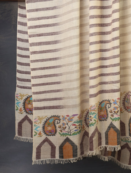 3 yard Ivory Striped & Border Kani Cashmere Pashmina Shawl