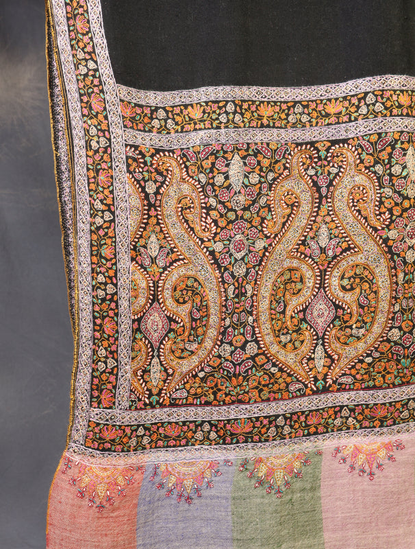 3 yard Black Big Border Embroidery Cashmere Pashmina Shawl