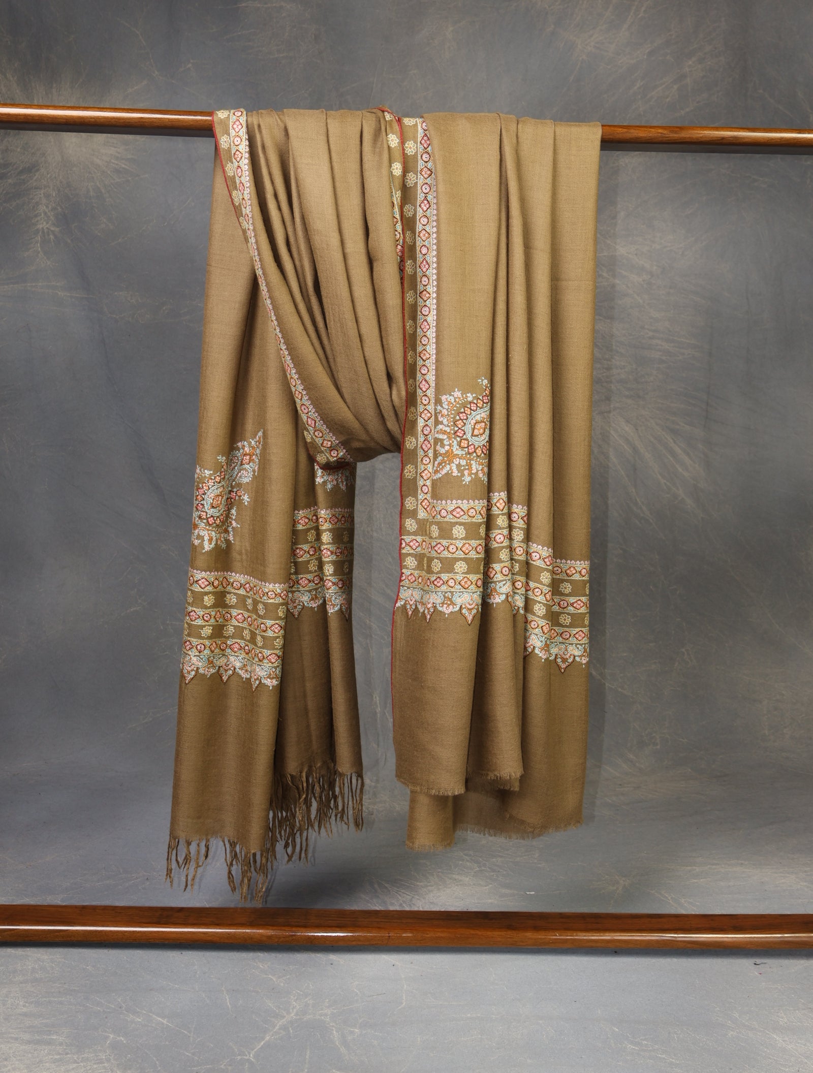 3 yard Beige Big Border Embroidery Cashmere Pashmina Shawl