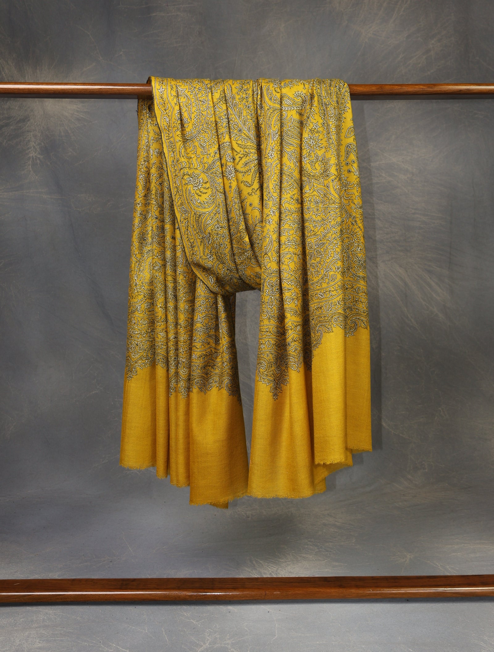 3 yard Mustard Jamawar Embroidery Cashmere Pashmina Shawl