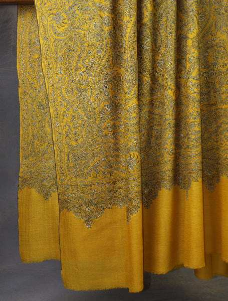 3 yard Mustard Jamawar Embroidery Cashmere Pashmina Shawl
