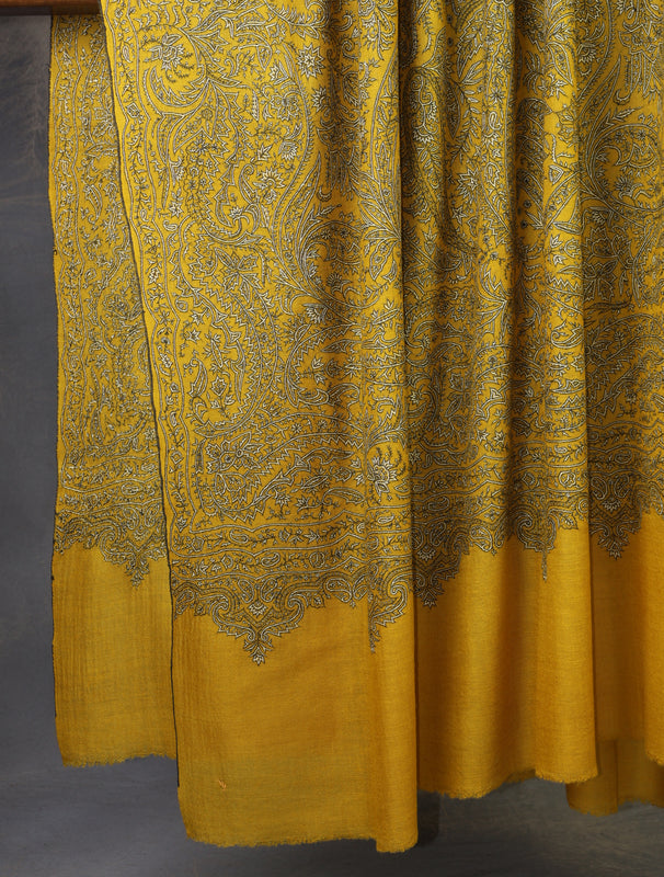 3 yard Mustard Jamawar Embroidery Cashmere Pashmina Shawl