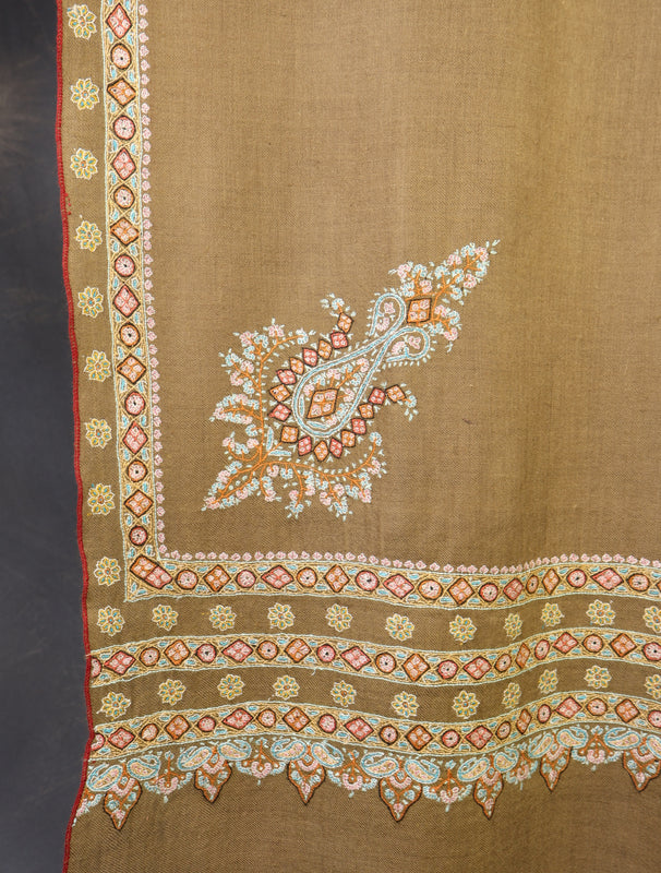 3 yard Beige Big Border Embroidery Cashmere Pashmina Shawl