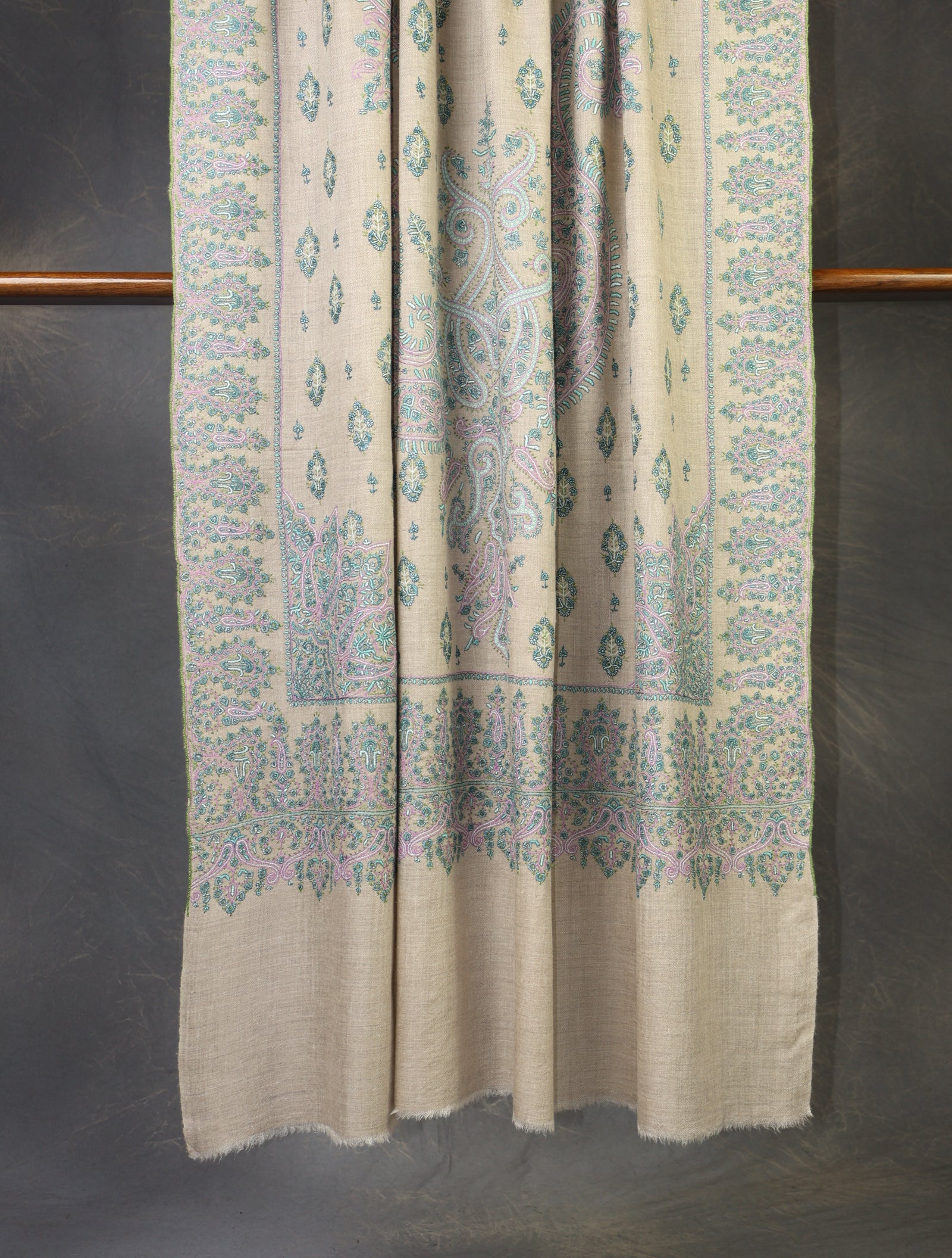 2.5 yard Ivory Jali Embroidery Cashmere Pashmina Shawl