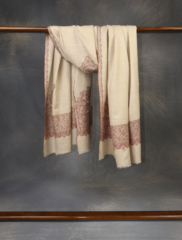2.5 yard Ivory Big Border Embroidery Cashmere Pashmina Shawl
