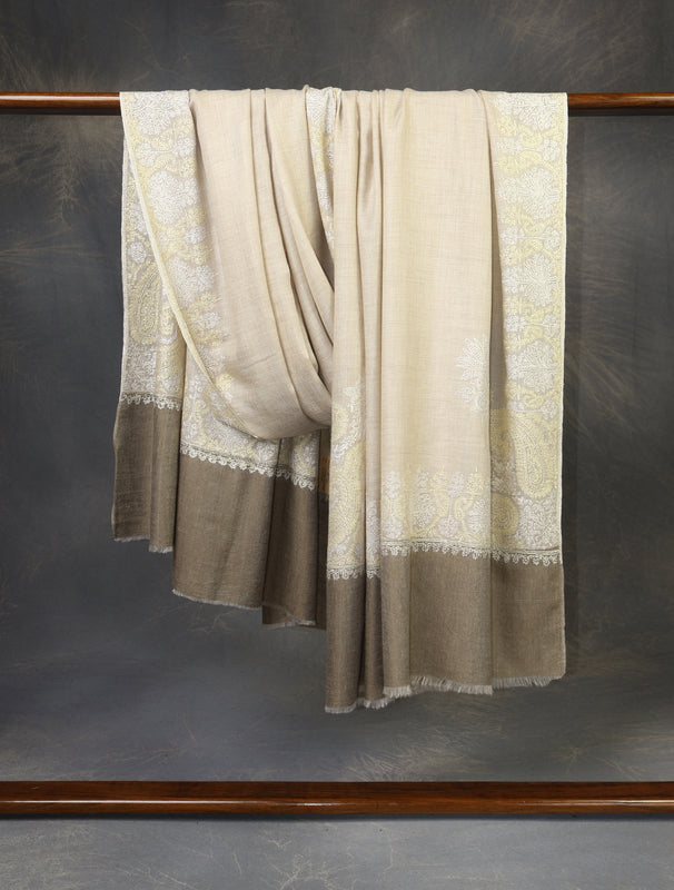 3 yard Ivory Corner Embroidery Cashmere Shawl
