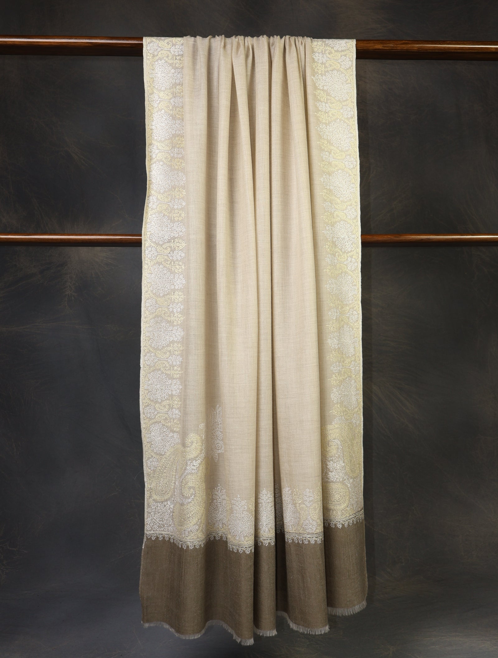 3 yard Ivory Corner Embroidery Cashmere Shawl