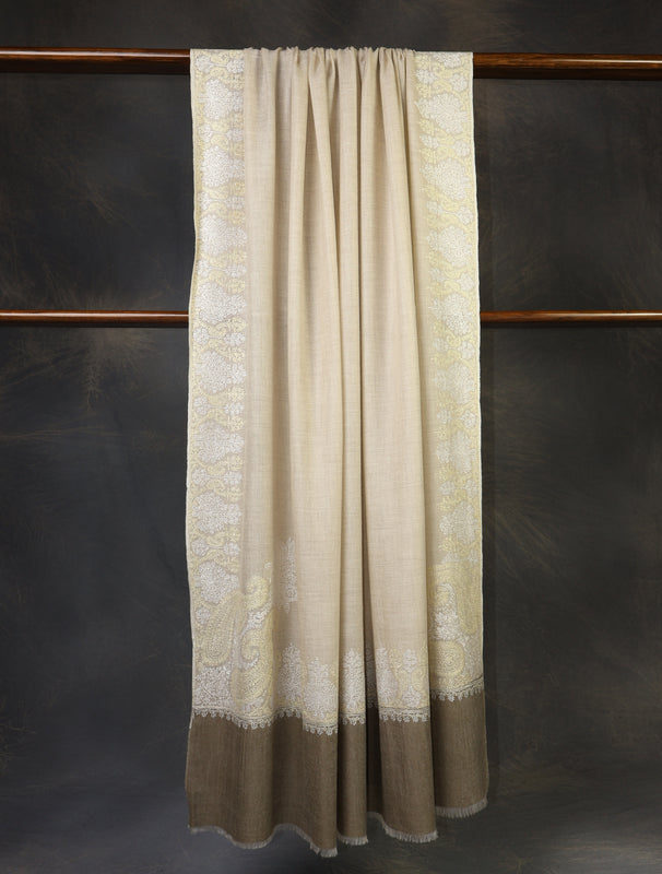 3 yard Ivory Corner Embroidery Cashmere Shawl