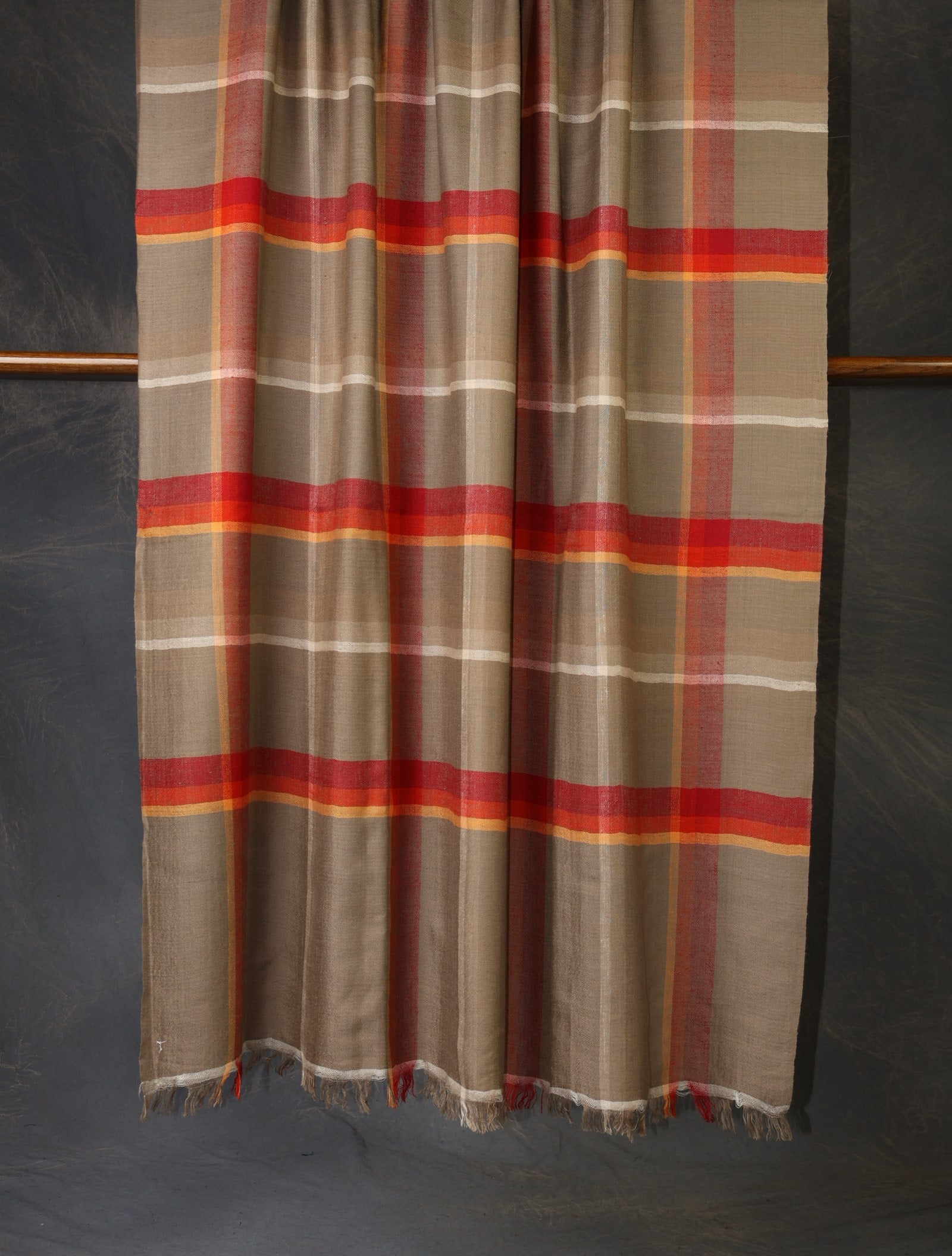 natural and red plaid handwoven shawl 2