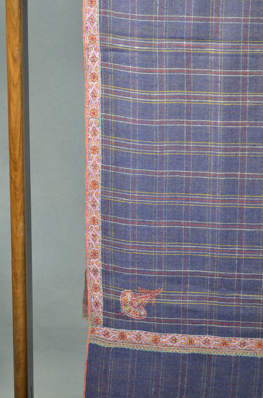3 Yard Reversible Pashmina Border Embroidery Shawl in Check & Plain Base