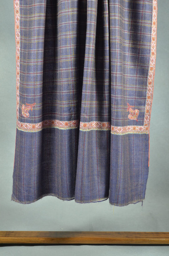 3 Yard Reversible Pashmina Border Embroidery Shawl in Check & Plain Base
