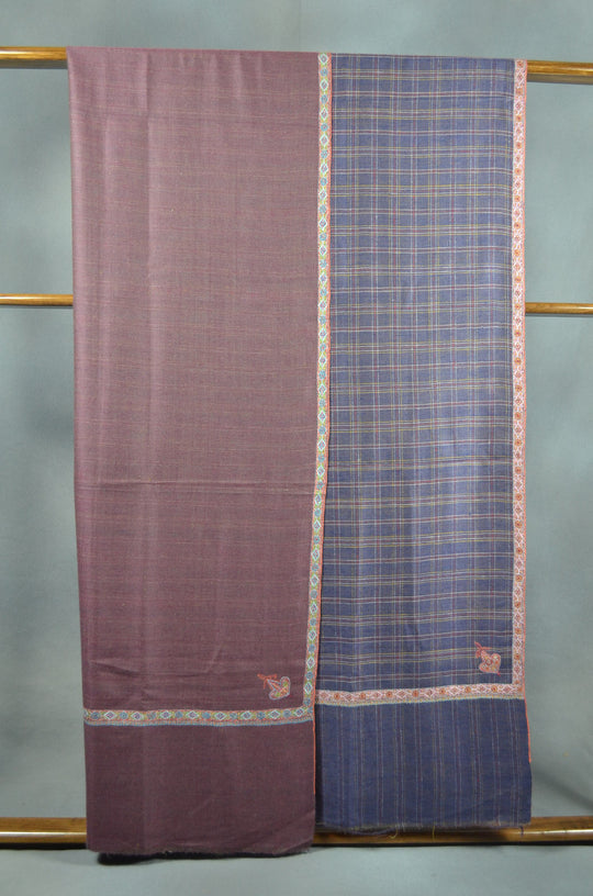 3 Yard Reversible Pashmina Border Embroidery Shawl in Check & Plain Base
