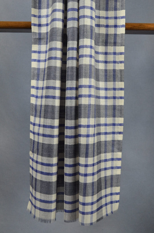 Ivory Blue & Black check Merino Scarf