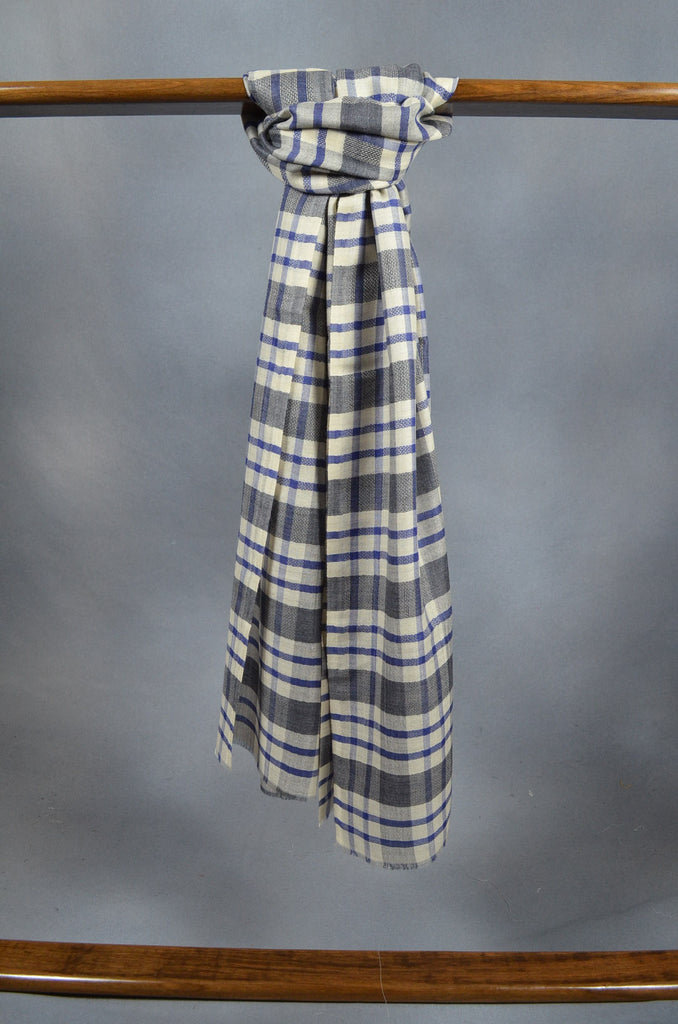 Ivory Blue & Black check Merino Scarf