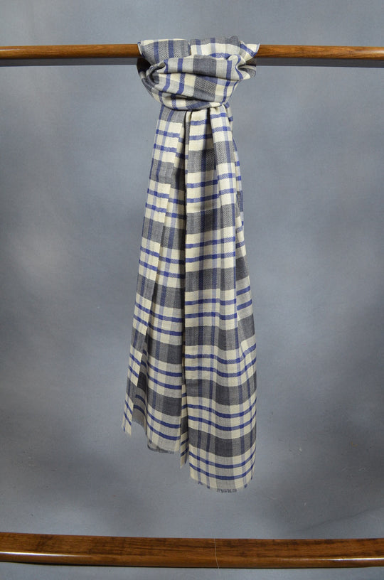 Ivory Blue & Black check Merino Scarf