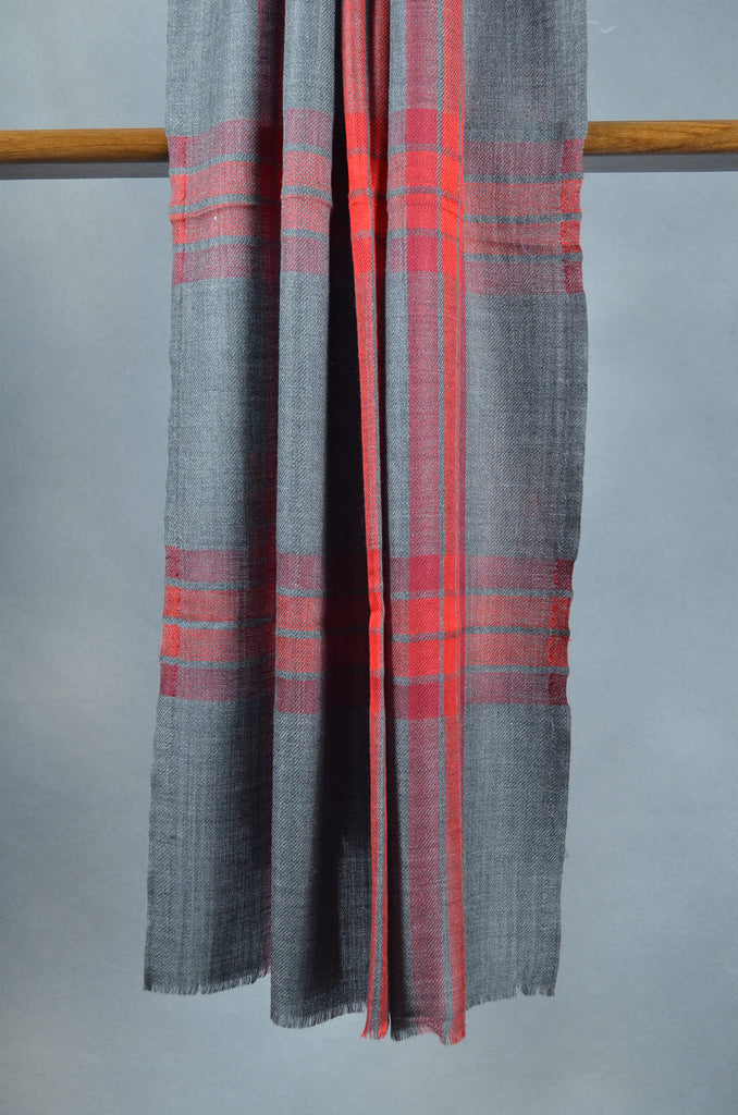 Red Check Charcoal Based Merino & Silk Scarf
