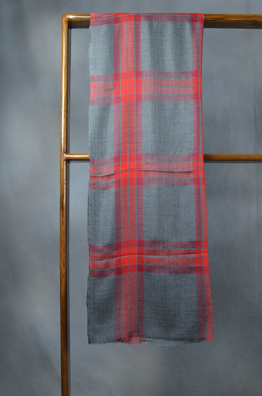 Red Check Charcoal Based Merino & Silk Scarf
