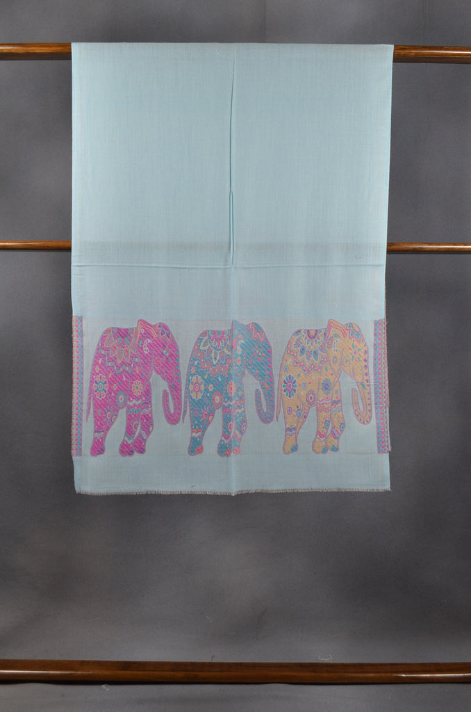 Light Turquoise Base Elephant Border Merino Scarf