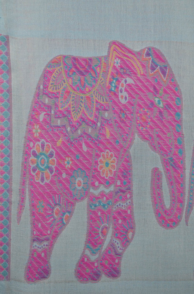 Light Turquoise Base Elephant Border Merino Scarf
