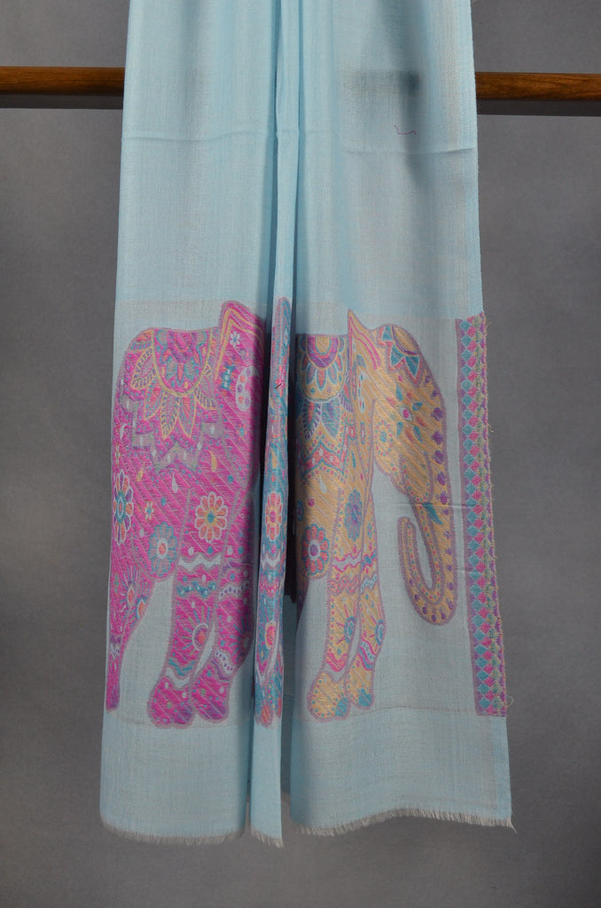 Light Turquoise Base Elephant Border Merino Scarf