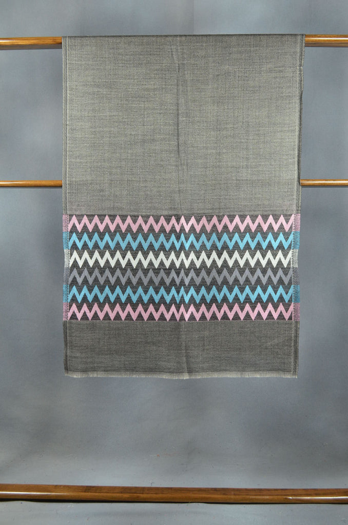 Zigzag Border Charcoal Base Merino & Silk Scarf