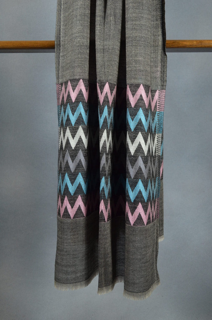 Zigzag Border Charcoal Base Merino & Silk Scarf