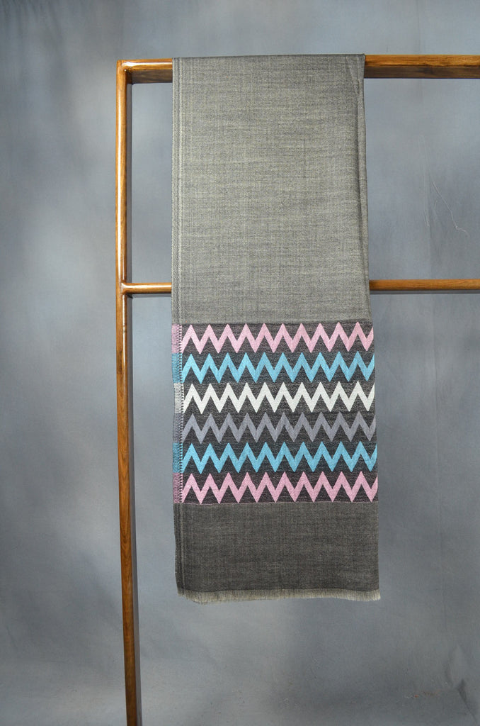 Zigzag Border Charcoal Base Merino & Silk Scarf