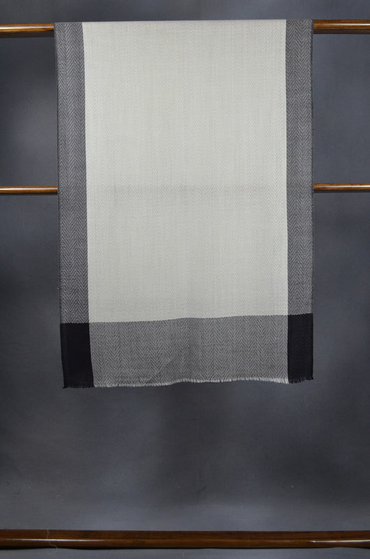 Grey Border Herringbone weave Merino & Silk Scarf