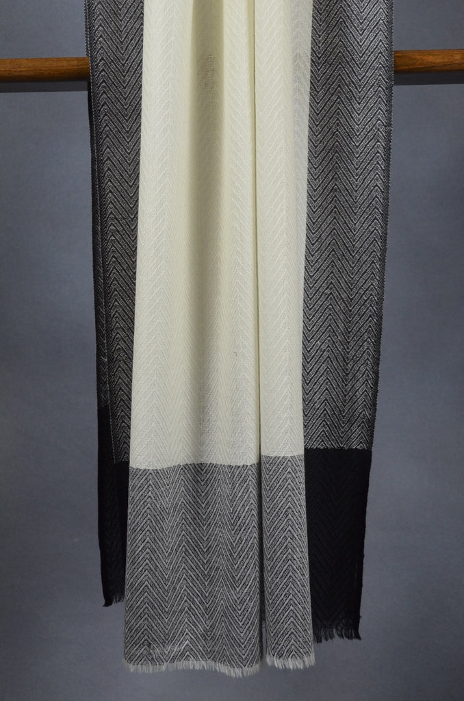 Grey Border Herringbone weave Merino & Silk Scarf