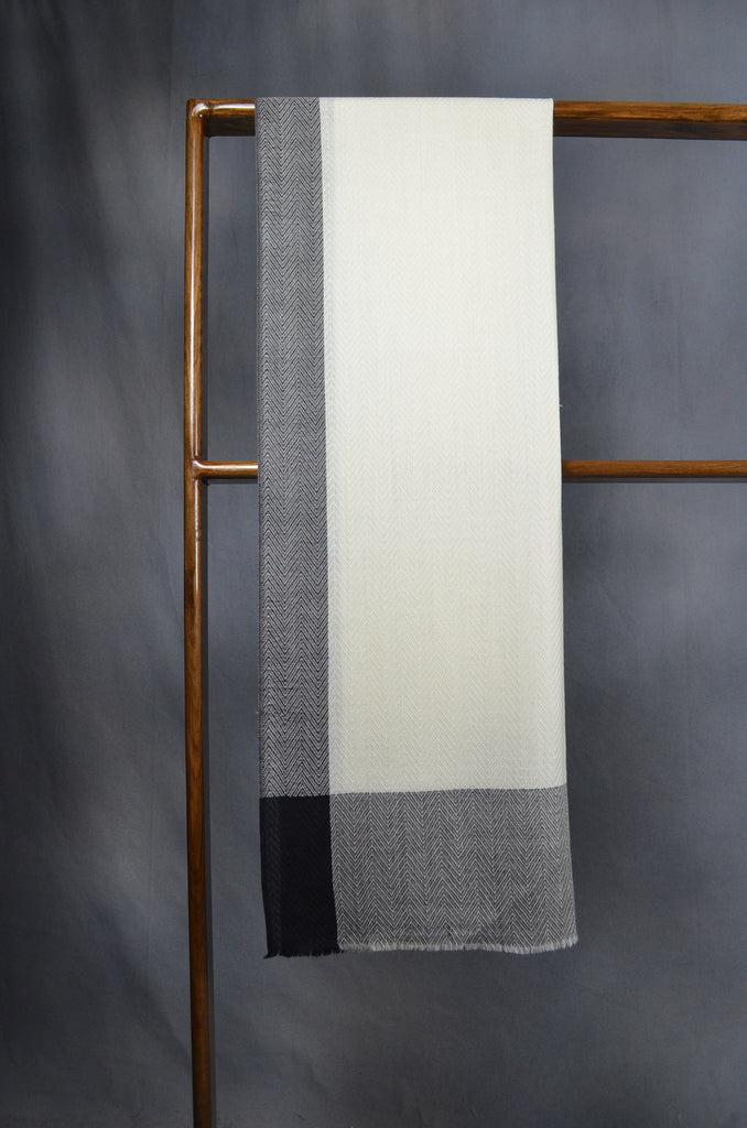 Grey Border Herringbone weave Merino & Silk Scarf