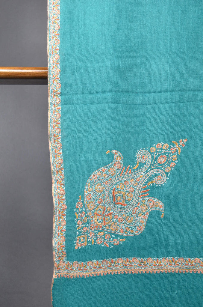 Turquoise Base long Cone Motif Embroidery Cashmere Pashmina Shawl