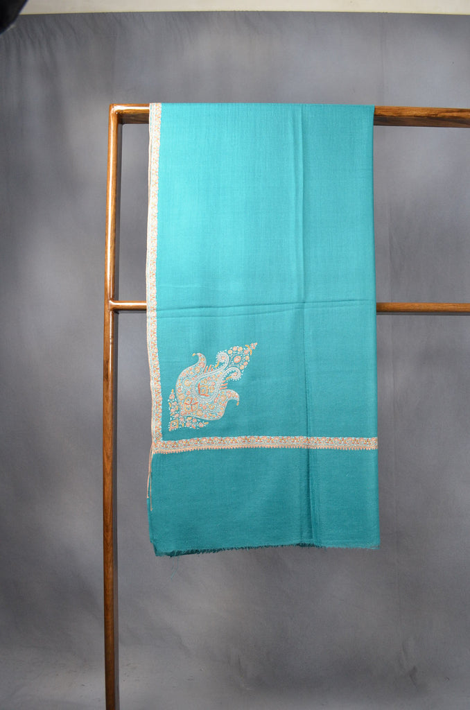 Turquoise Base long Cone Motif Embroidery Cashmere Pashmina Shawl