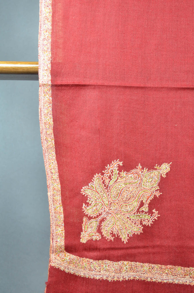 Maroon Base Wide Cone Motif Embroidery Cashmere Pashmina Shawl
