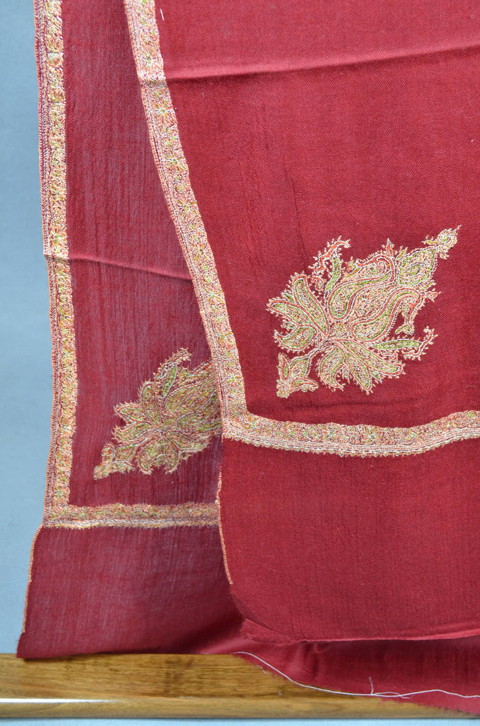 Maroon Base Wide Cone Motif Embroidery Cashmere Pashmina Shawl