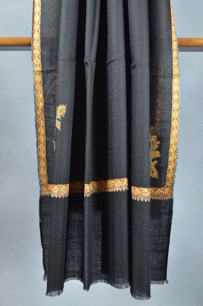 Black Base long Cone Motif Embroidery Cashmere Pashmina Shawl