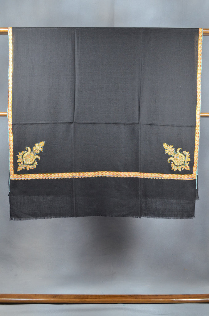 Black Base long Cone Motif Embroidery Cashmere Pashmina Shawl