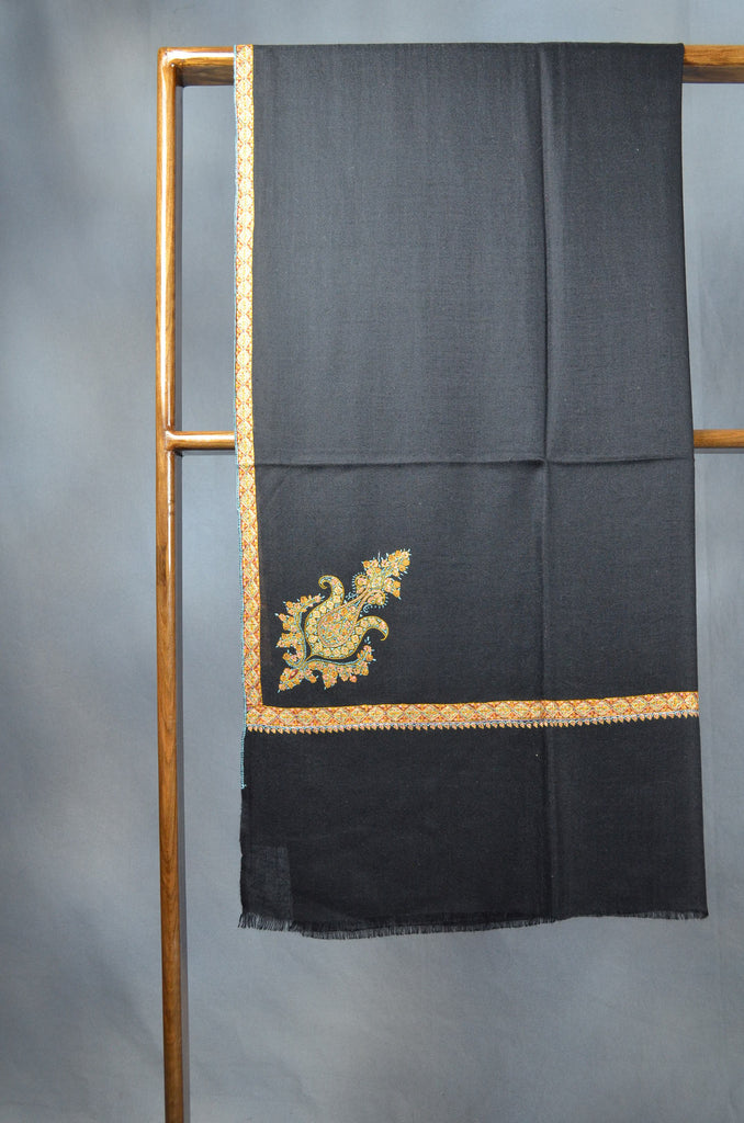 Black Base long Cone Motif Embroidery Cashmere Pashmina Shawl