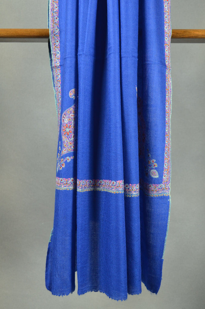 Royal Blue Base Multicolor Cone Motif Embroidery Cashmere Pashmina Shawl