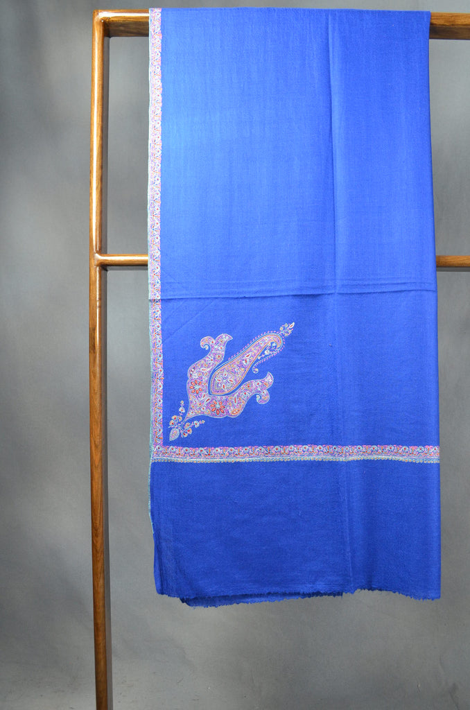 Royal Blue Base Multicolor Cone Motif Embroidery Cashmere Pashmina Shawl