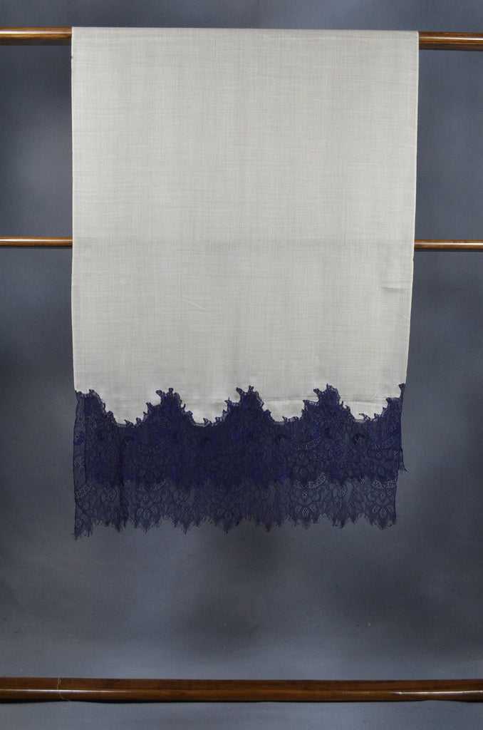 Ivory Base with Korean Blue lace Merino & Silk Scarf