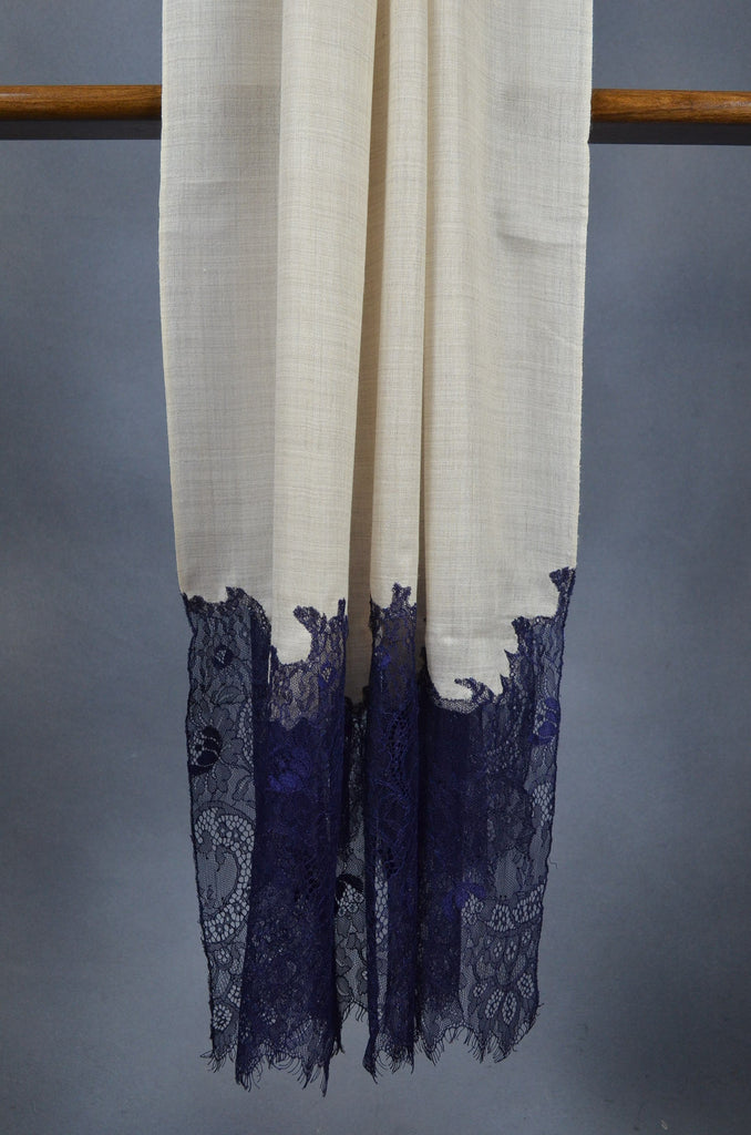 Ivory Base with Korean Blue lace Merino & Silk Scarf