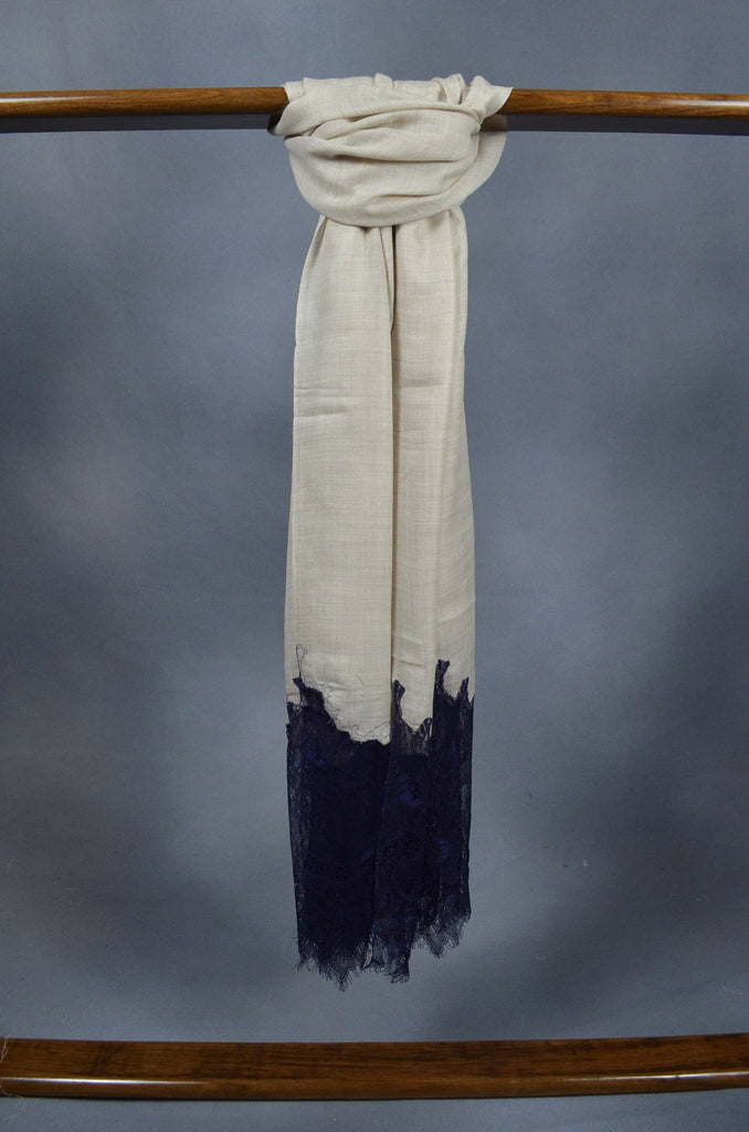 Ivory Base with Korean Blue lace Merino & Silk Scarf