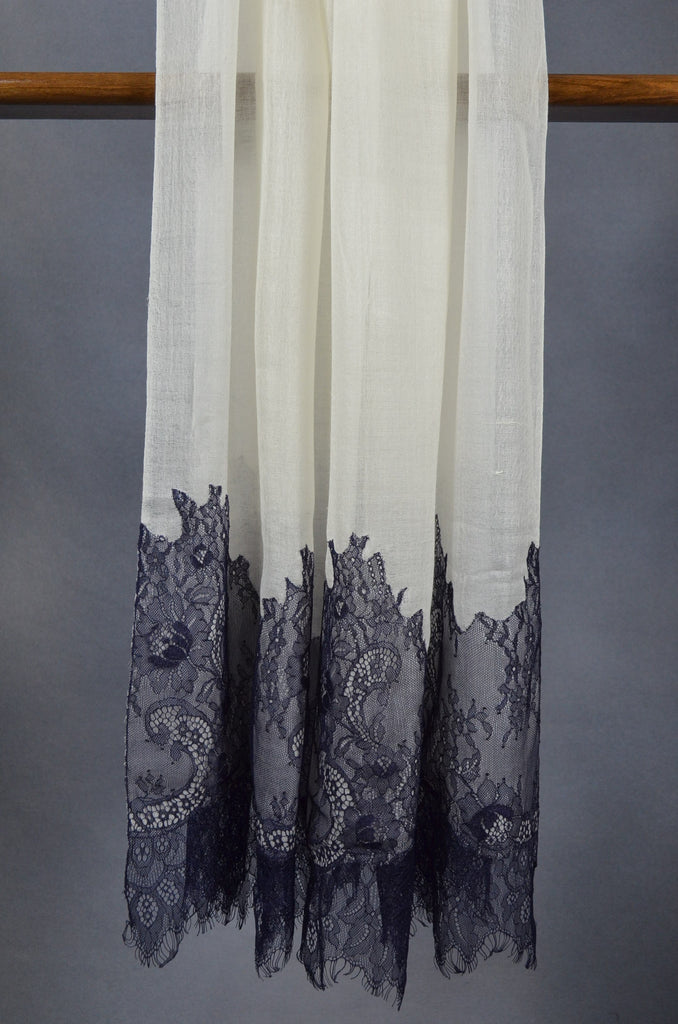 Ivory Base with Korean Black lace Merino & Silk Scarf